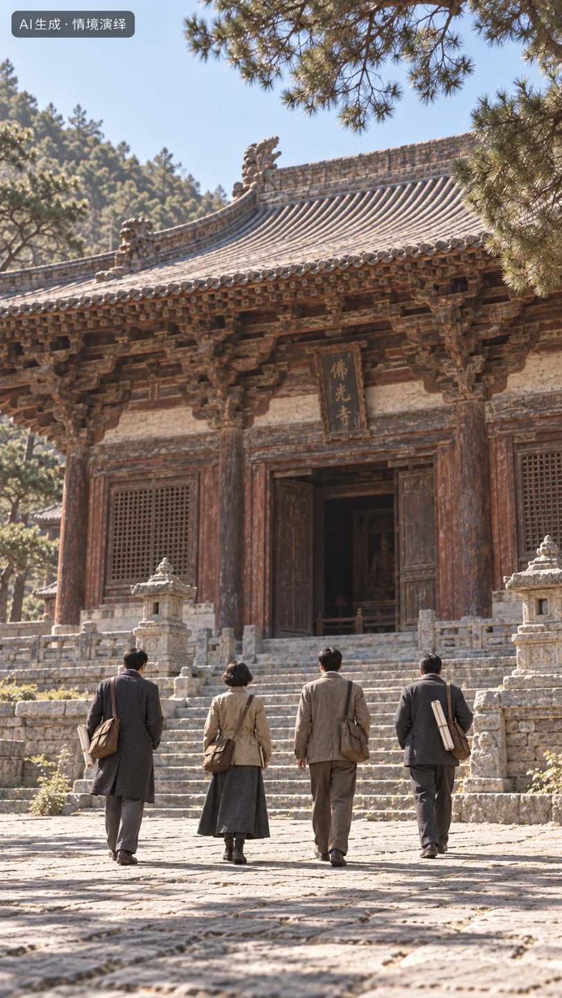 林徽因与同伴考察古寺的情景演绎，非佛光寺实景照片