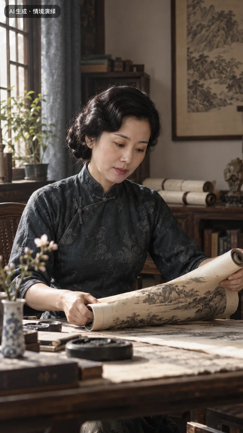 陆小曼在画桌前展开画卷的情景演绎