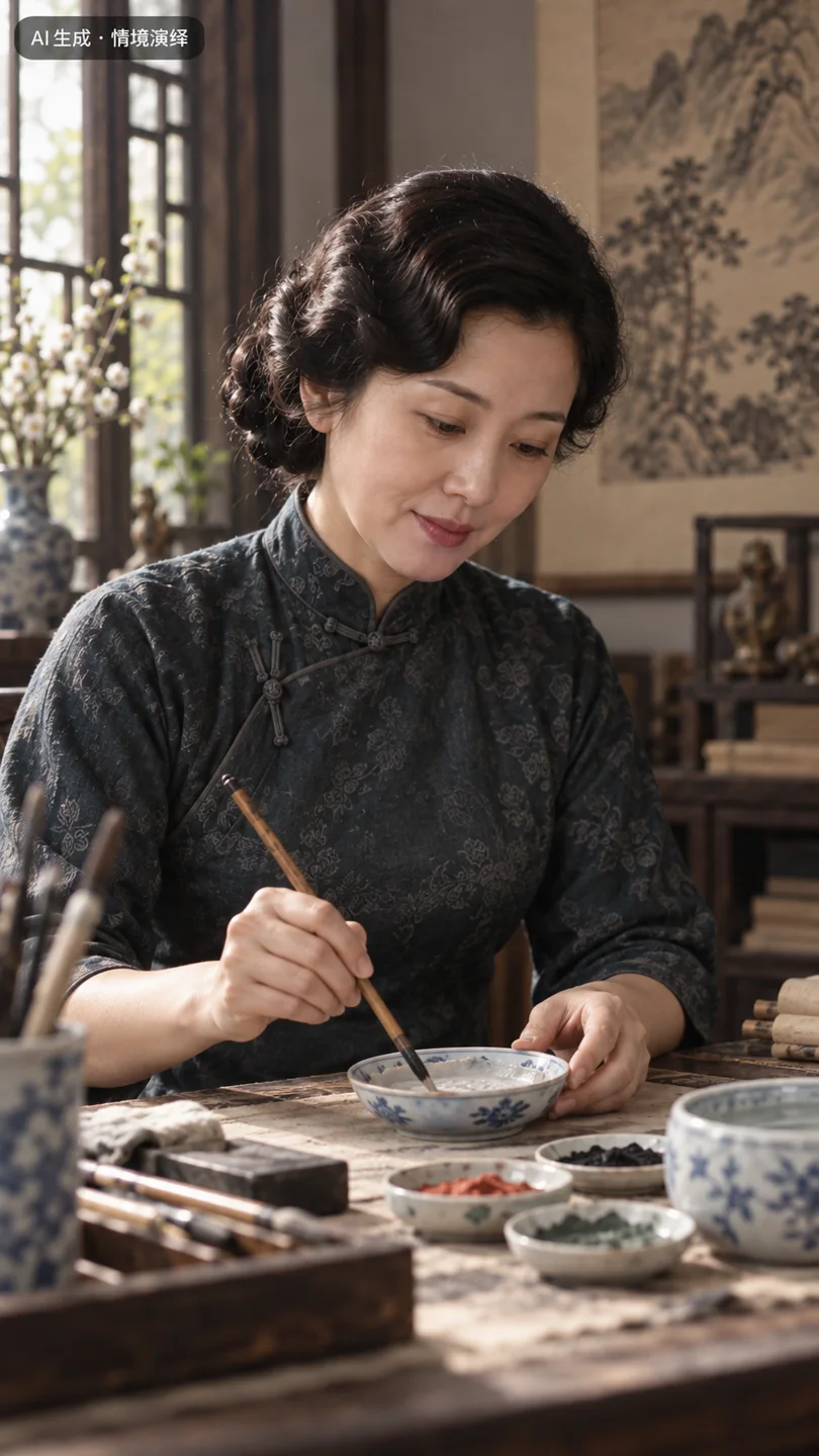 陆小曼在窗边提笔作画的情景演绎