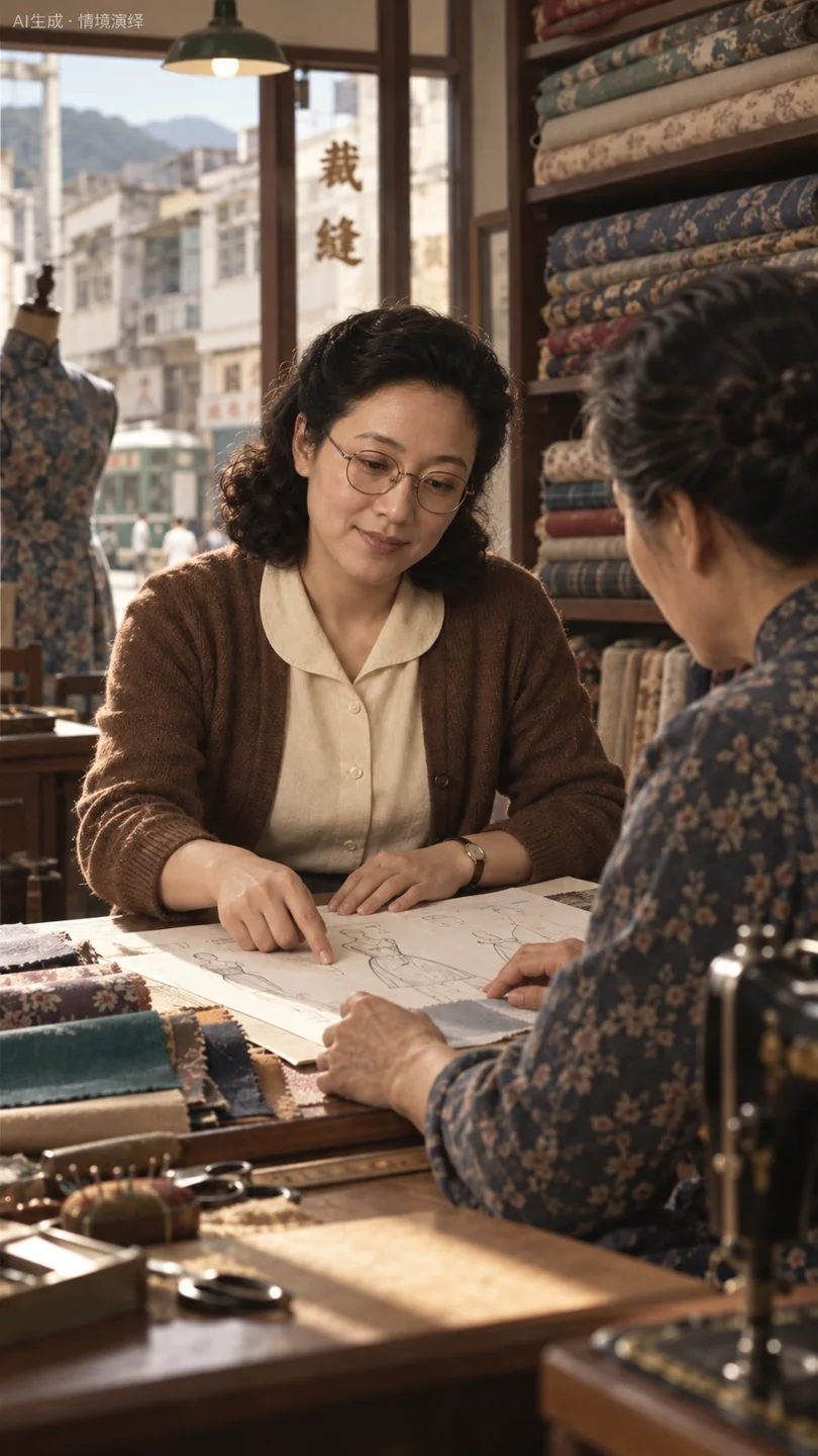 邝文美与裁缝查看衣服图样的情景演绎，非原信与草图复刻