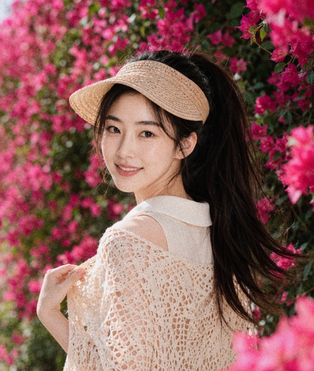 缇薇雅在三角梅花丛中回眸微笑