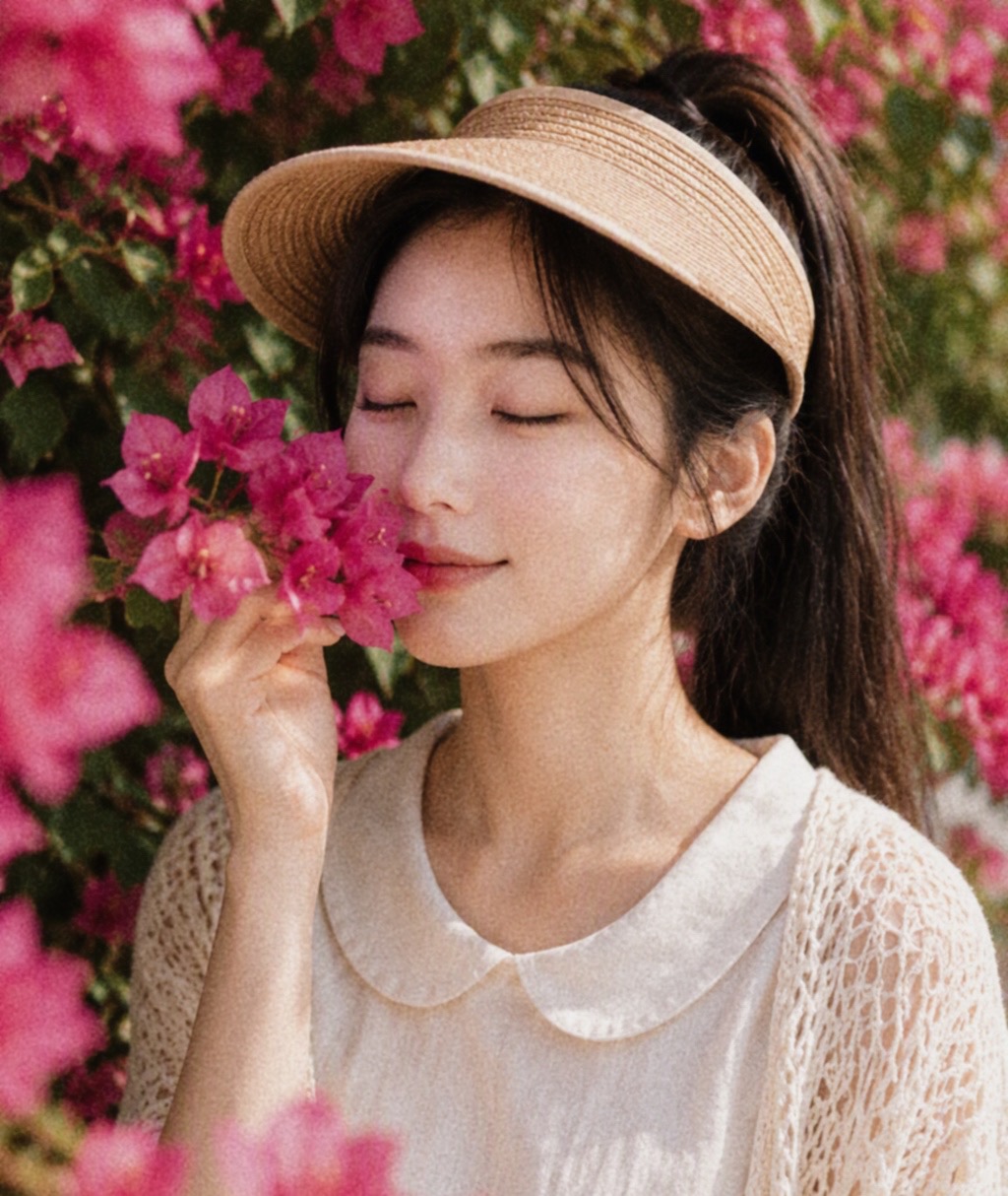 缇薇雅戴草编空顶帽,在三角梅花丛中闭眼闻花